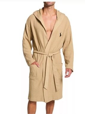 Polo Ralph Lauren Mens Thermal Hooded Robe Beige Size S/M